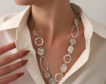Silver Chain Statement Necklace,Boho Large Necklace For Women,Handmade Bohemian Jewelry,Hammered Chain Jewelry Set,Gift For Her
