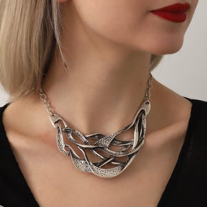 Silver Statement Necklace, Modern Artistic Bib Necklace, Bold Boho Jewelry,Unique Chunky Necklace, Gift For Women, Bohemian Large Necklace