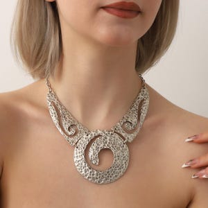 Hammered Statement Necklace,Silver Boho Necklace For Women,Large Pendant Necklace,Bohemian Jewelry,Vintage Chunky Necklace,Gift For Her