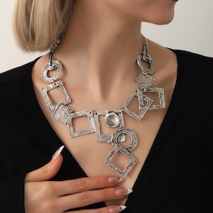Geometric Modernist Necklace,Statement Boho Necklace For Women,Silver Bohemian Everyday Jewelry,Vintage Style Large Necklace, Gift For Women