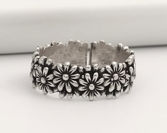 Blommigt uttalande ring, blommig bohemisk ring, justerbar ring för kvinnor, antik silver naturring, present till henne, vintage prästkragesmycken, bohemisk ring