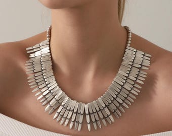 Silver Boho Chunky Necklace,Women Statement Necklace,Tribal Bib Necklace,Bohemian Large Jewelry,Gift For Her,Abstract Style Jewelry