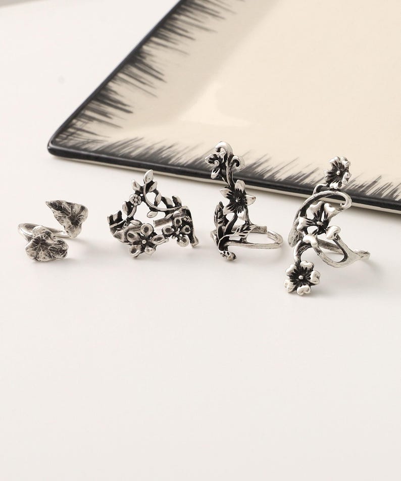 Set med uttalandeblommor, silver bohemisk ring för kvinnor, vintage helfingerringset, chunky stapelring, silverblommiga bohemiska smycken bild 4