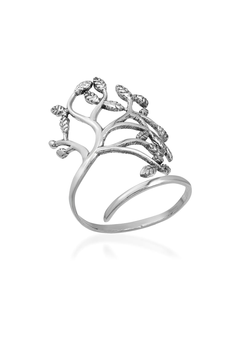 May include: A silver ring with a tree design. The ring is open and adjustable.