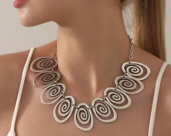 Boho Statement Spiral Necklace,Silver Spiral Bib Chunky Necklace,Artisan Festival Jewelry,Bold Bohemian Necklace For Women,Gift For Her