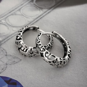 Statement Hoop Earrings,Silver Boho Earrings For Women,Bohemian Filigree Earrings,Small Hoop Mandala Earrings,Gift for Her,Textured Jewelry