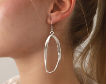 Silver Statement Abstract Earrings,Large Silver Hoop Dangle Women Earrings,Bohemian Style Jewelry,Modern Boho Gift For Her