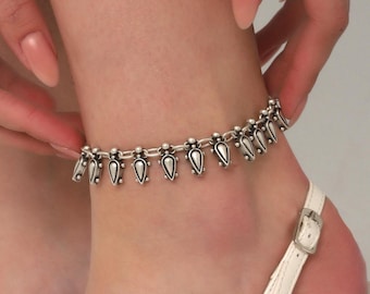Boho Silver Charm Anklet,Adjustable Tribal Style Foot Jewelry With Dangling Teardrops