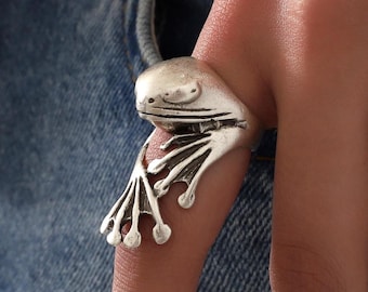 Silver Lucky Frog Statement Ring For Women,Adjustable Frog Ring,Animal Lover Gift Idea,Good Luck Jewelry,Bohemian Style Large Ring