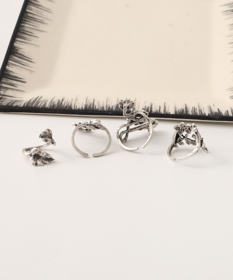 Set med uttalandeblommor, silver bohemisk ring för kvinnor, vintage helfingerringset, chunky stapelring, silverblommiga bohemiska smycken bild 8