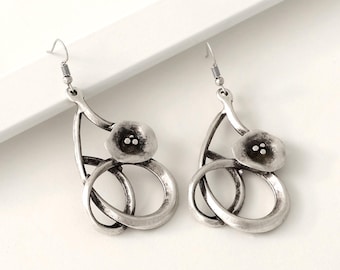 Flower Silver Dangle Earrings,Boho Statement Earrings,Abstract Floral Dangle Earrings,Sculptural Bohemian Earrings Gift For Women