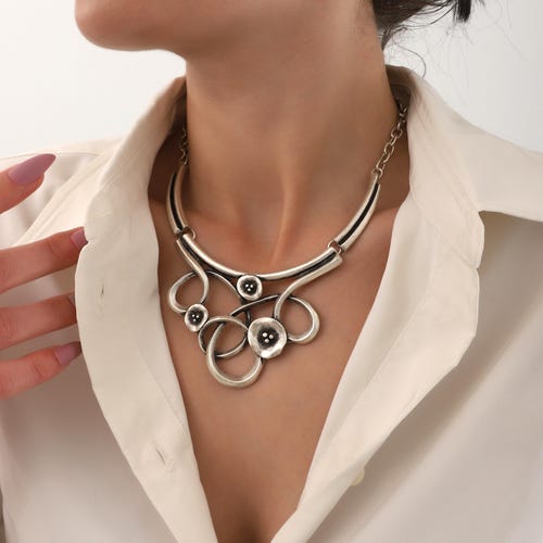 Women's Chunky Silver Pendant Necklace Set - Bohemian Gemstone Statement Necklaces, Silver Plated