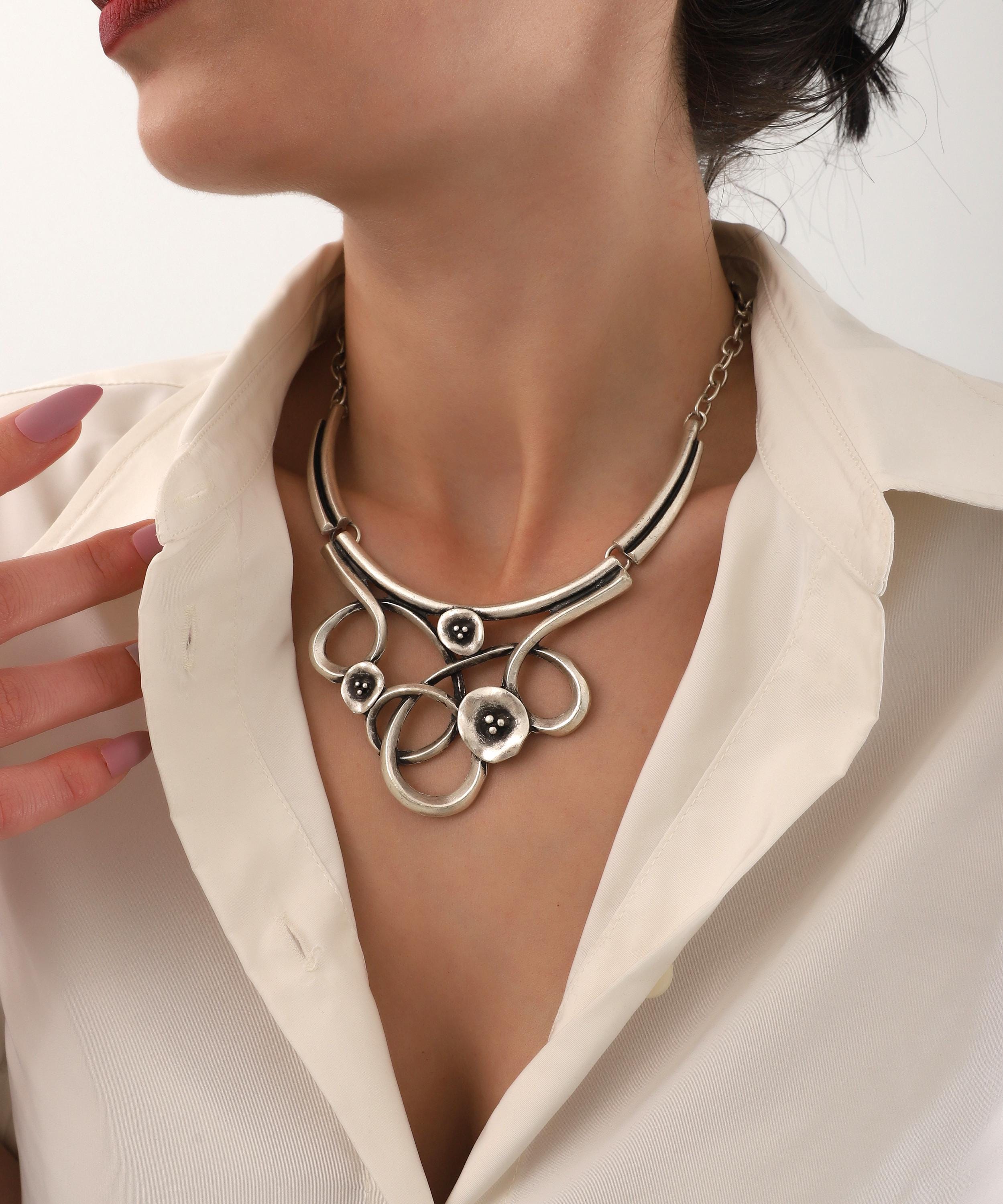 Women's Chunky Silver Pendant Necklace Set - Bohemian Gemstone Statement Necklaces, Silver Plated - View #8