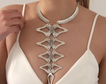 Silver Statement Long Necklace For Women,Boho Bold Bib Necklace,Chunky Large Necklace,Bohemian Jewelry,Gift For Her,Sculptural Style Jewelry