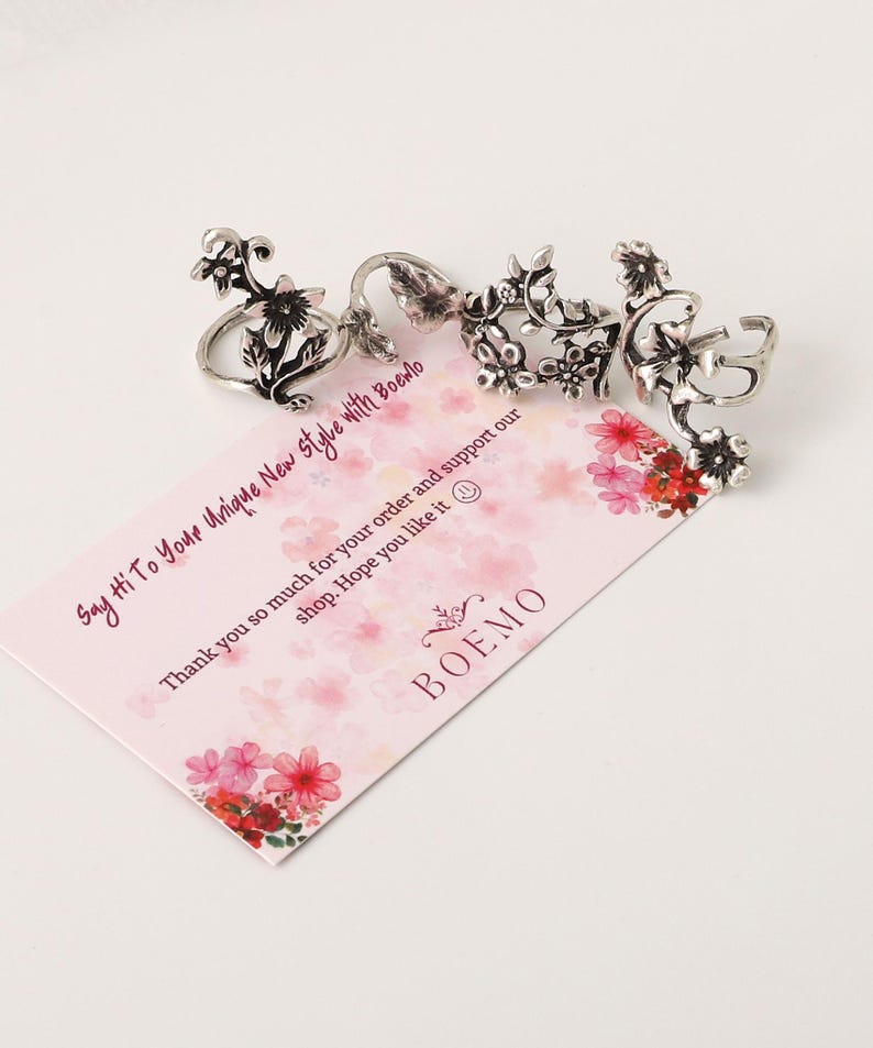 Set med uttalandeblommor, silver bohemisk ring för kvinnor, vintage helfingerringset, chunky stapelring, silverblommiga bohemiska smycken bild 9