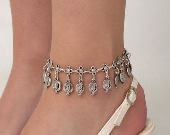 Pomegranate Silver Dangle Ankle Bracelet,Bohemian Charm Women Anklet,Lucky Fruit Jewelry