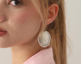 Silver Statement Dangle Earrings,Handmade Mandala Earrings,Ethnic Boho Jewelry,Festival Gift For Her,Vintage Style,Floral Drop Earrings