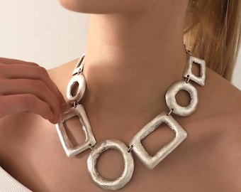 Silver Statement Geometric Necklace,Chunky Boho Necklace For Women,Abstract Large Jewelry,Vintage Circle Square Necklace,Gift For Women