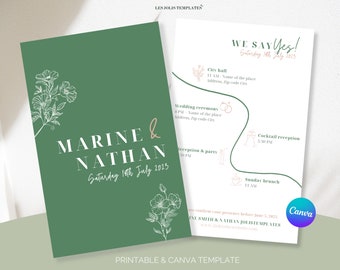 Wedding invitation Canva template, Flowery minimalist editable invite, wedding green template set download