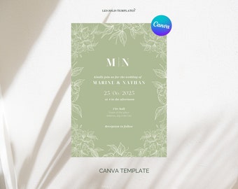 Wedding invitation Canva template, Flowery minimalist editable invite, wedding green flower template set download