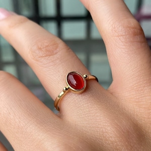 14K Gold Red Agate Stone Ring, Organic Carnelian Stone Ring, Genuine Oval Shaped Handmade Ring, Solitaire Agate Ring, Delicate Gift for Her