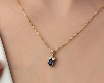 14K Solid Gold Teardrop Necklace • Sapphire Accent Pendant • Dainty Fine Jewelry
