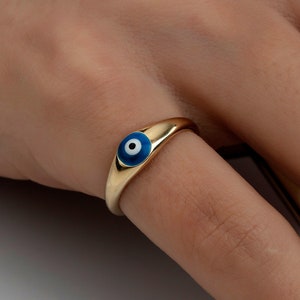 14K Solid Gold Evil Eye Ring, Stone Ring, White Blue Colour Evileye Ring with Enamel, Colourful Handmade Ring, Engagement Ring, Gift for Her