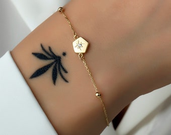 14K Solid Gold North Star Bracelet, Hexagon Charm, Handmade Jewelry