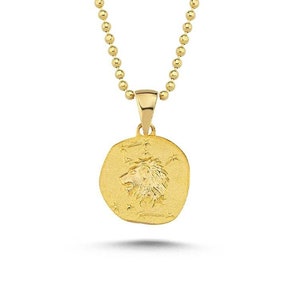 14K Gold Zodiac Sign Leo Necklace, Elegant Leo Necklace, Delicate Lion King Round Charm, Horoscope Symbol, Perfect Gift for Astrology Lovers