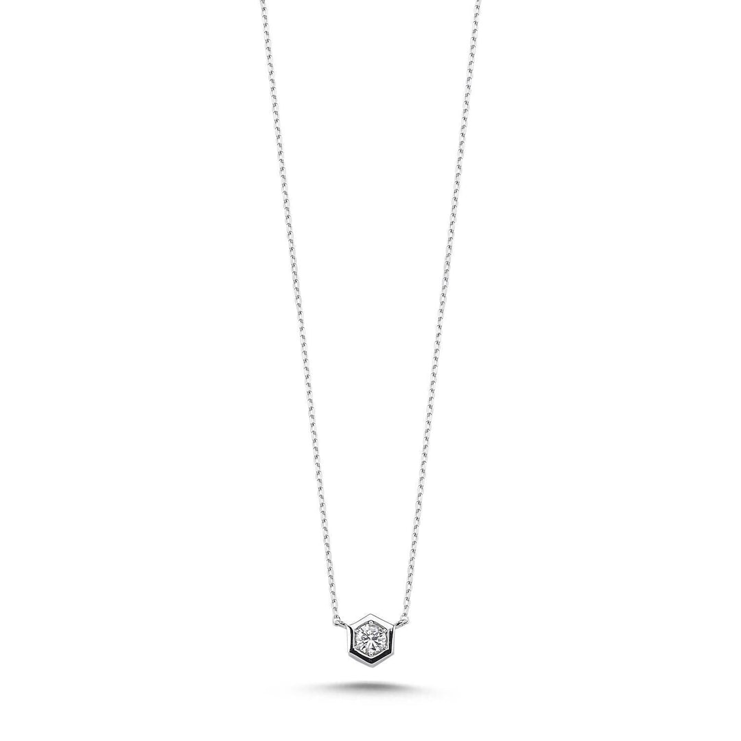 18K Gold Hexagonal Shaped Diamond Necklace, Diamond Bezel Pendant