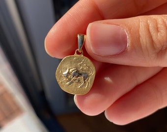 14K Solid Gold Taurus Zodiac Coin Necklace, Astrological Charm Pendant