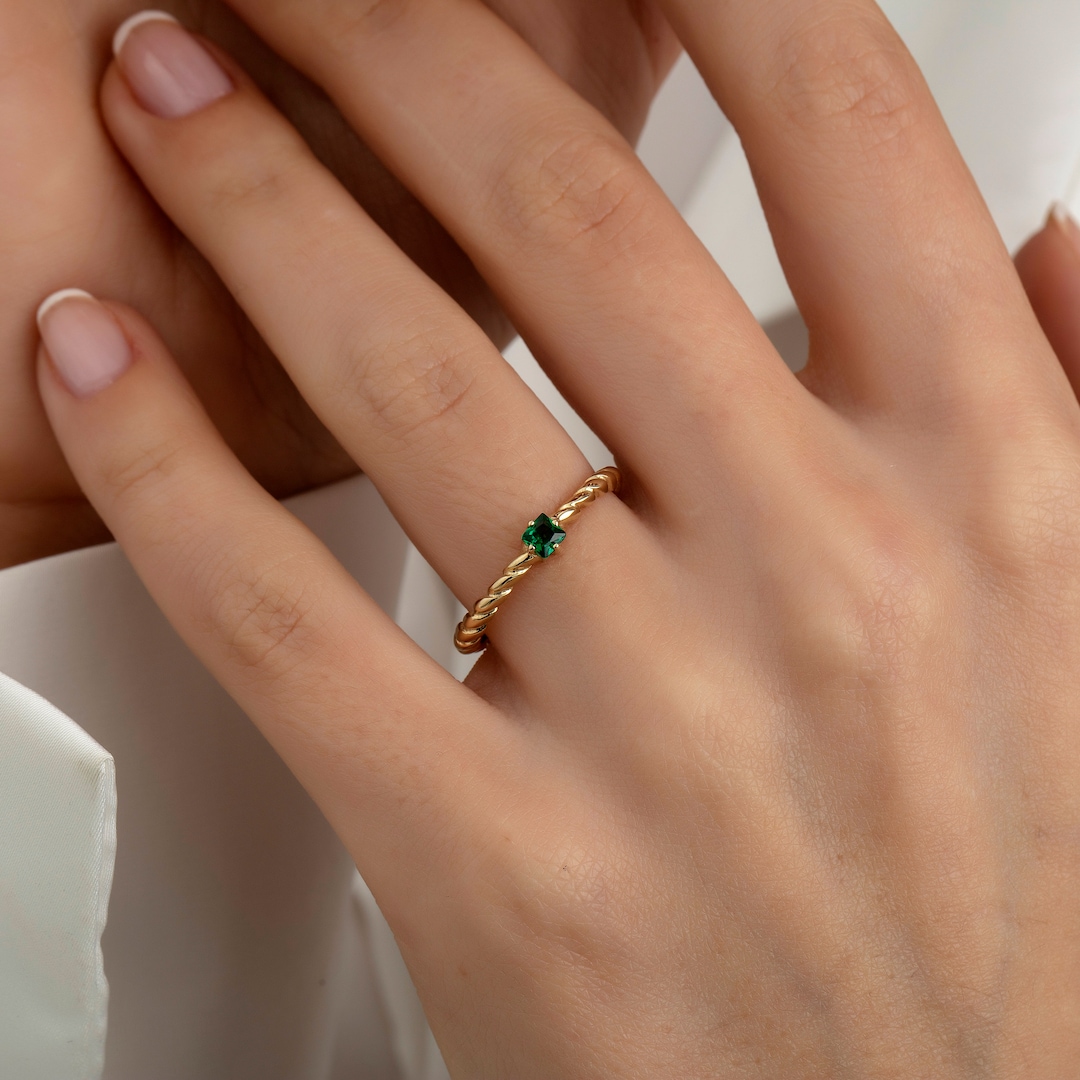 14K Solid Gold Square Stone Rope Ring, Handmade - Etsy