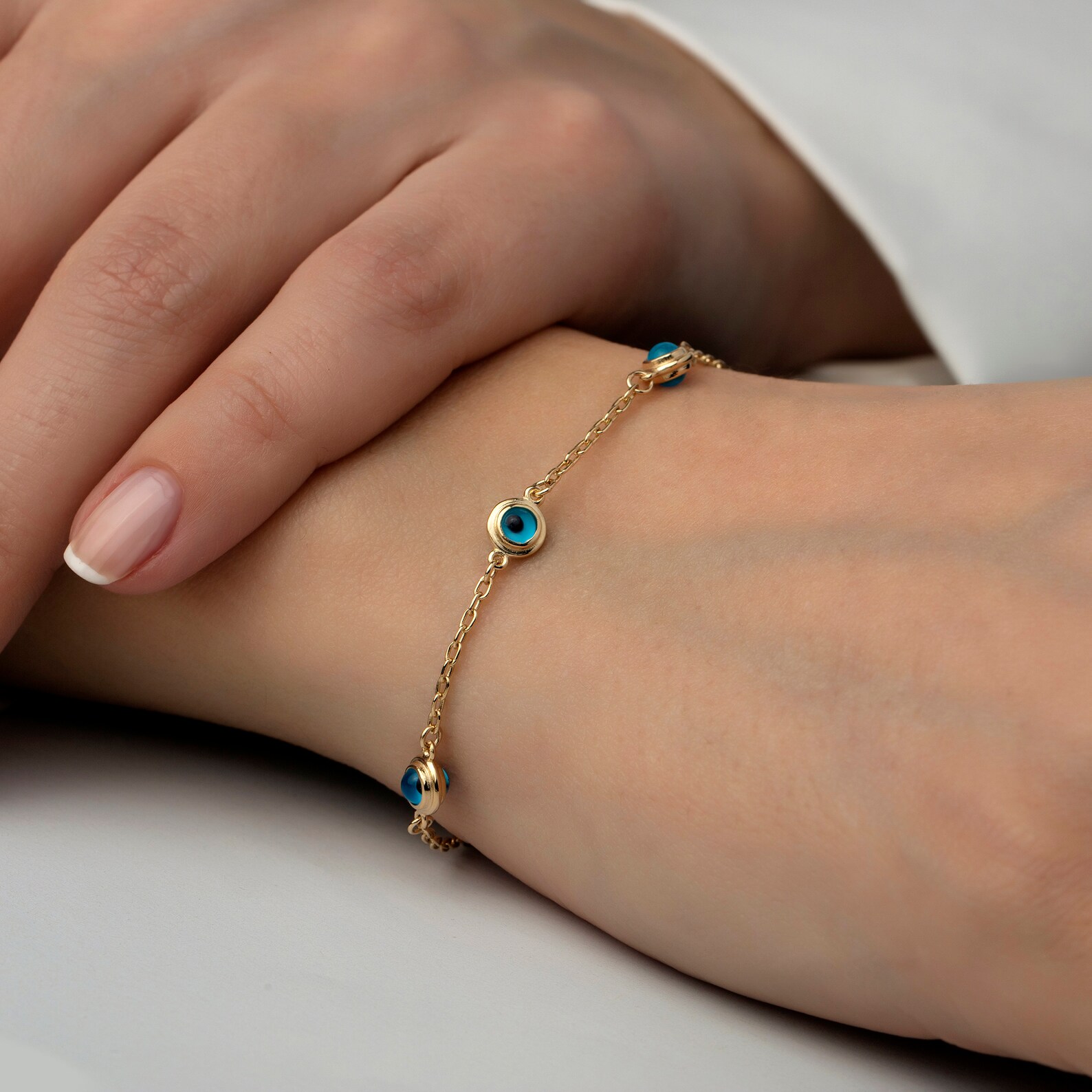 14K Solid Gold Triple Evil Eye Bracelet, Beaded Cable Chain