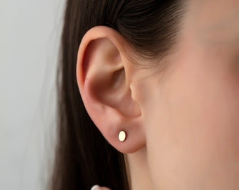 14K Solid Gold Mini Oval Stud Earrings, Handmade Jewelry