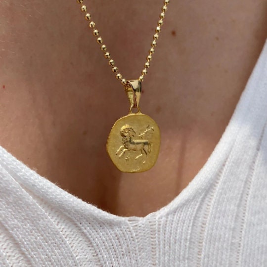 Real 14K Gold Aries Zodiac Sign Pendant Necklace, Delicate