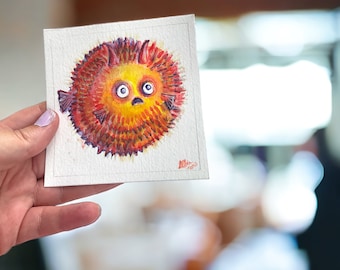 Imaginary Puffer Fish Mini Ink Illustration - Whimsical Art on Sparkling Paper, 4x4