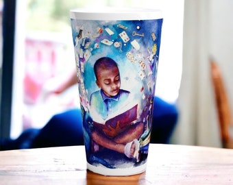 Enchanting Child Reading Alice in Wonderland Mug - 17oz Ceramic Cup for Book Lovers - Whimsical Fantasy Art Drinkware - Unique Gift Idea