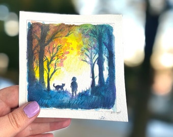 Mini Ink Illustration: Child, Cat & Woodland Silhouette - Sparkling Watercolor Paper - illustration