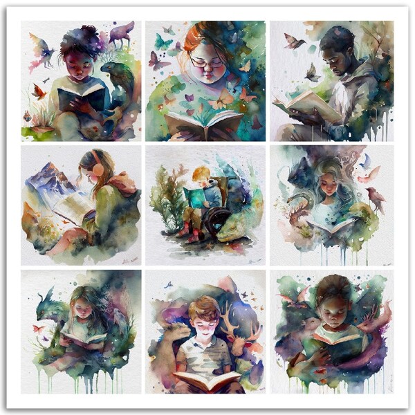 Bookworm Series Collection-Set d'aquarelles colorées de personnes lisant un cadeau d'amant de livre, cadeau de rat de bibliothèque, cadeau d'enseignants, art de la bibliothèque