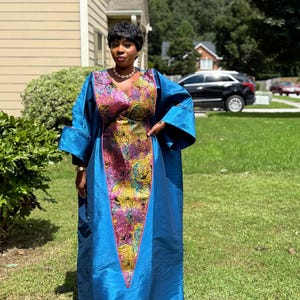 Zainab Brocade and Taffeta Bubu Gown | African Kaftan with Scarf and Belt | 65” Long Elegant Boubou Dress | One Size Fits Most