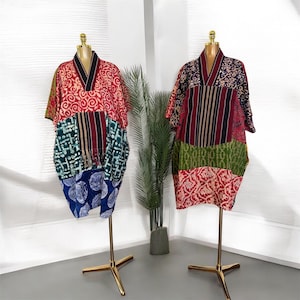 Adire Cotton Bubu Dress: Aso Oke-ringad kaftan med fickor, kort klänning