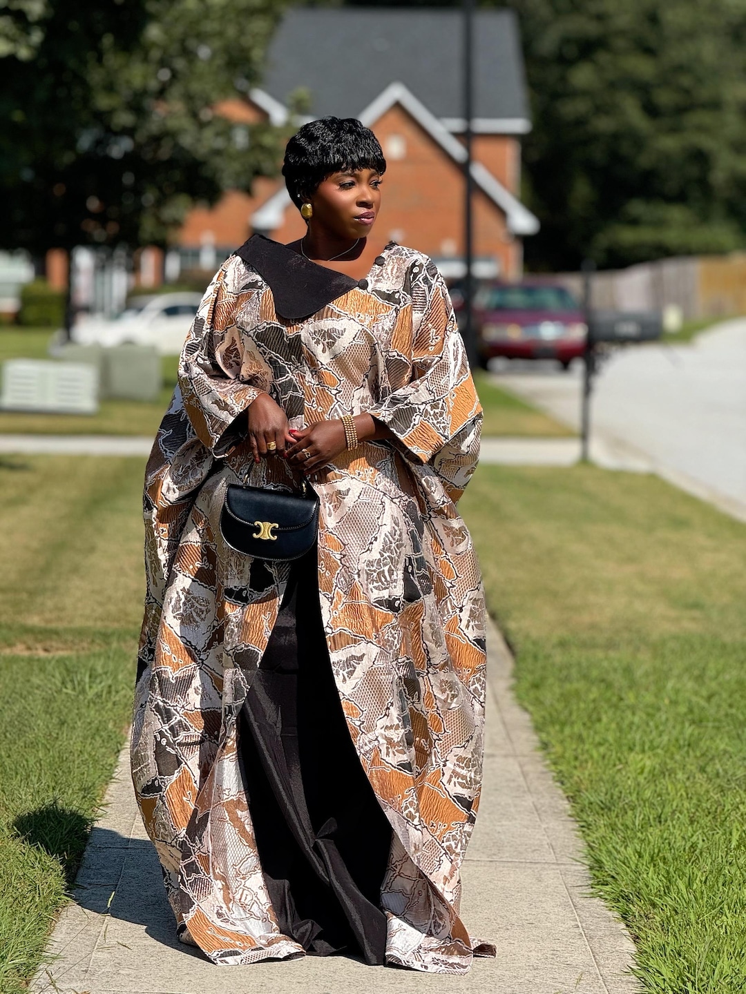 Luxury Brocade Bubu Gown: African Taffeta Kaftan Dress With Scarf