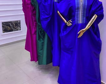 Bubu in seta grezza regale con scollo aso-oke – 65 pollici + foulard
