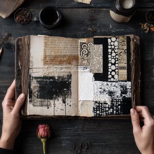 May include: An open, aged book with mixed media art. The pages feature collages of black, white, and beige textures, including paint, paper, and patterns. A dried rose and a cup of coffee sit nearby on a dark wooden surface.