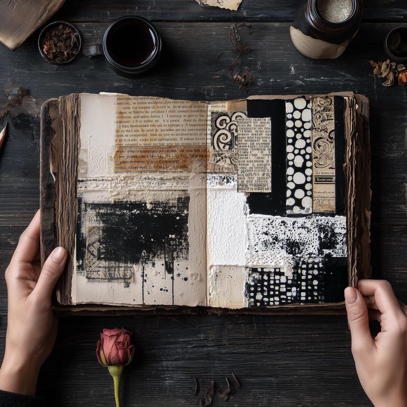 May include: An open, aged book with mixed media art. The pages feature collages of black, white, and beige textures, including paint, paper, and patterns. A dried rose and a cup of coffee sit nearby on a dark wooden surface.