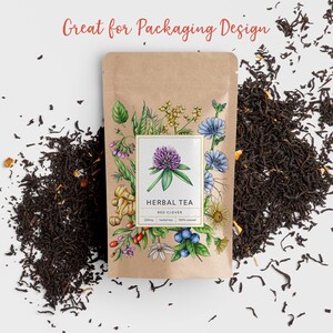 May include: A brown paper pouch with a white label that says "HERBAL TEA RED CLOVER 250mg herbal tea 100% natural". The pouch is filled with loose leaf tea and surrounded by a scattering of loose leaf tea. The label features a watercolor illustration of red clover flowers and other herbs.