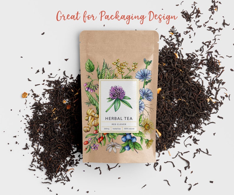May include: A brown paper pouch with a white label that says "HERBAL TEA RED CLOVER 250mg herbal tea 100% natural". The pouch is filled with loose leaf tea and surrounded by a scattering of loose leaf tea. The label features a watercolor illustration of red clover flowers and other herbs.
