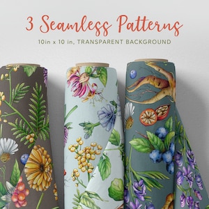 May include: Three 10-inch by 10-inch seamless patterns featuring botanical illustrations. The patterns include a brown background with yellow flowers, a light blue background with yellow flowers, and a teal background with purple flowers.