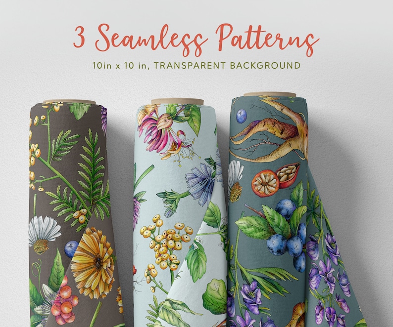 May include: Three 10-inch by 10-inch seamless patterns featuring botanical illustrations. The patterns include a brown background with yellow flowers, a light blue background with yellow flowers, and a teal background with purple flowers.