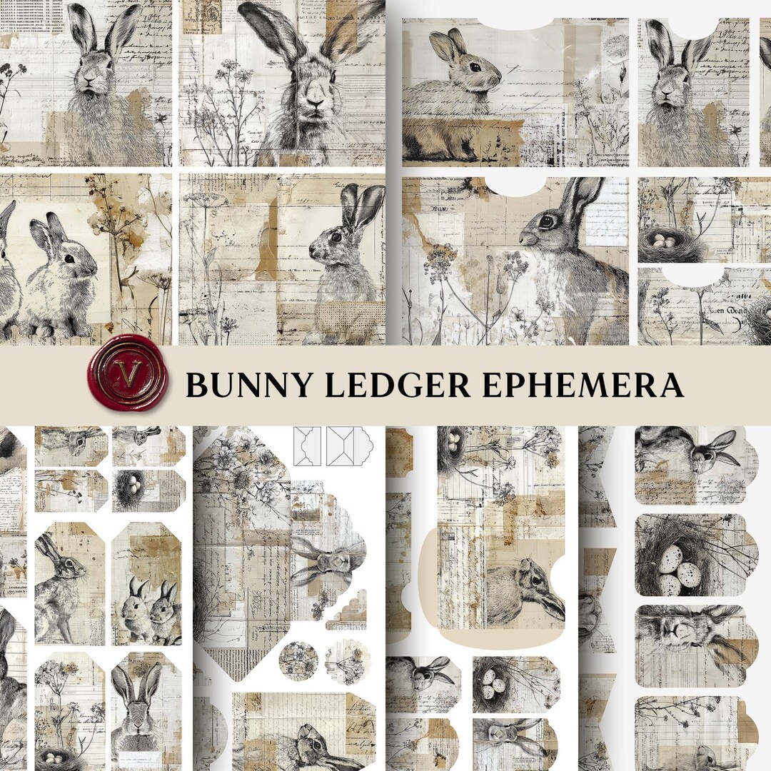 Easter Bunny Junk Journal Ephemera Set – Vintage Ledger Rabbit Tags ...